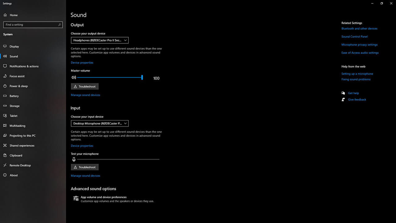 Windows audio settings showing RØDECaster Pro II selected as both input and output device