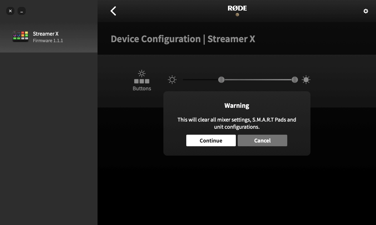 Reset warning for Streamer X on RØDE Central