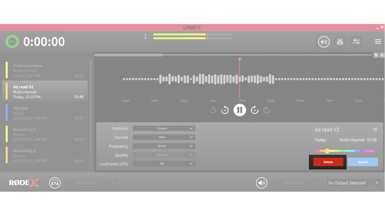 Deleting UNIFY recording