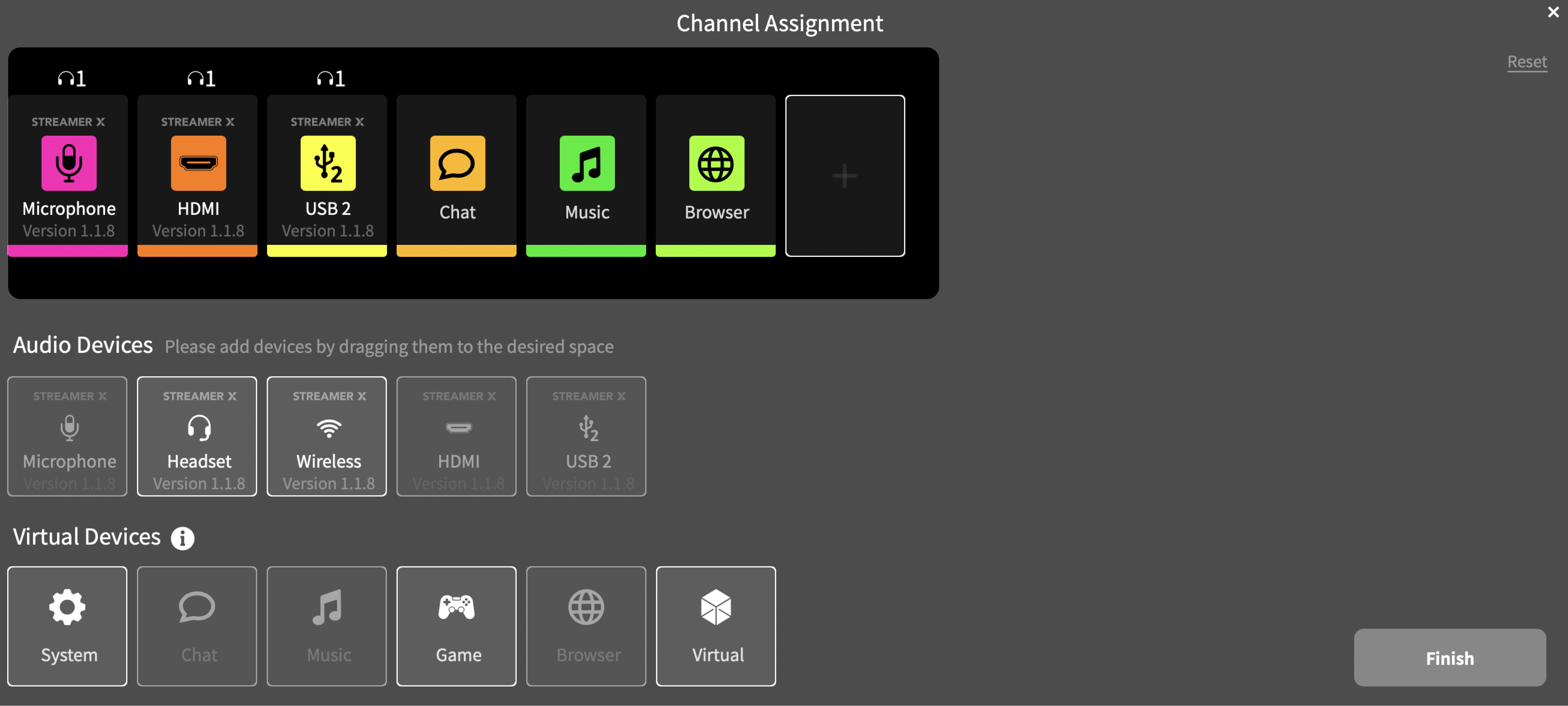 Top section of UNIFY channel assignment menu