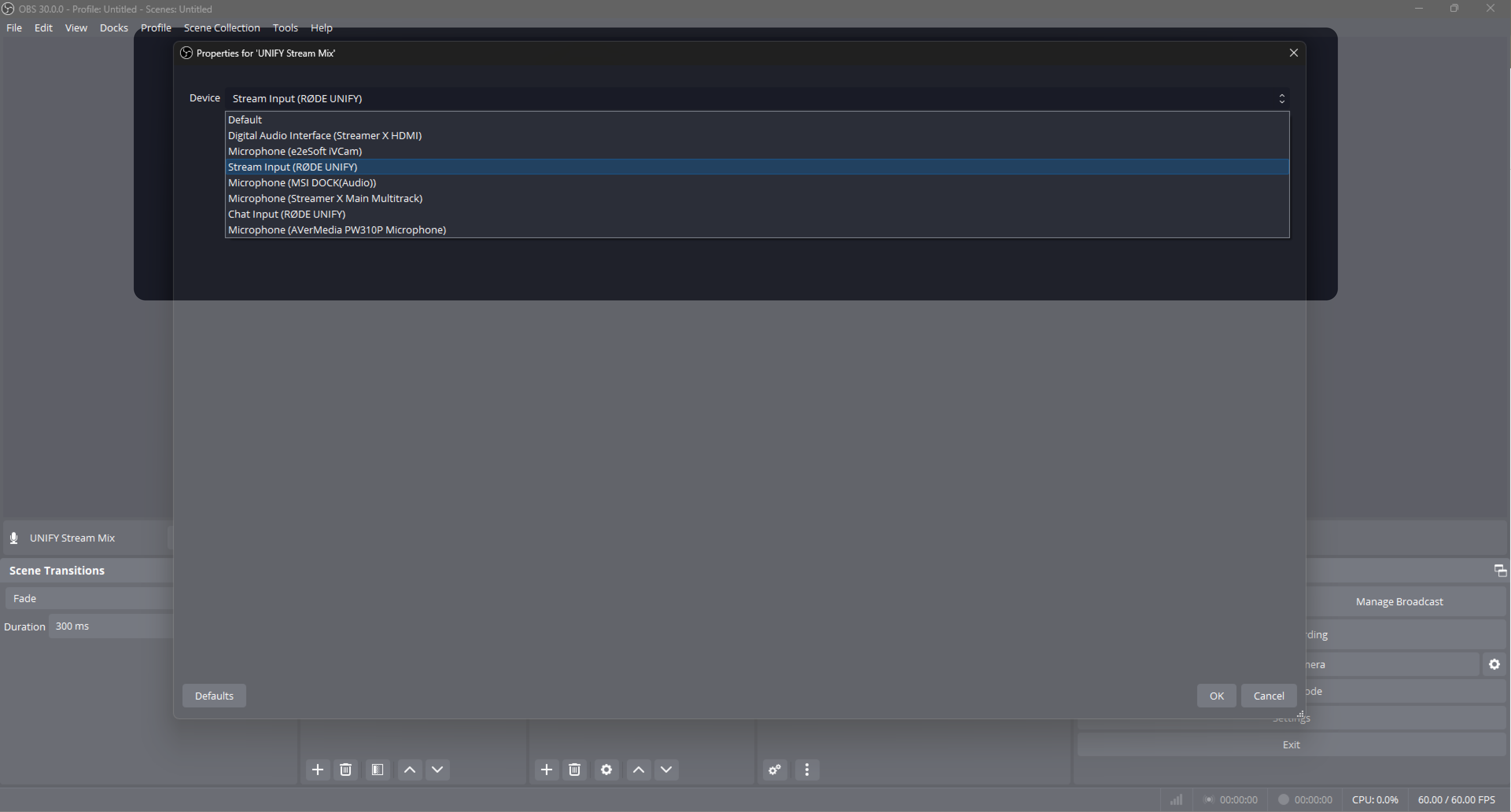 OBS Audio Input Capture setup window