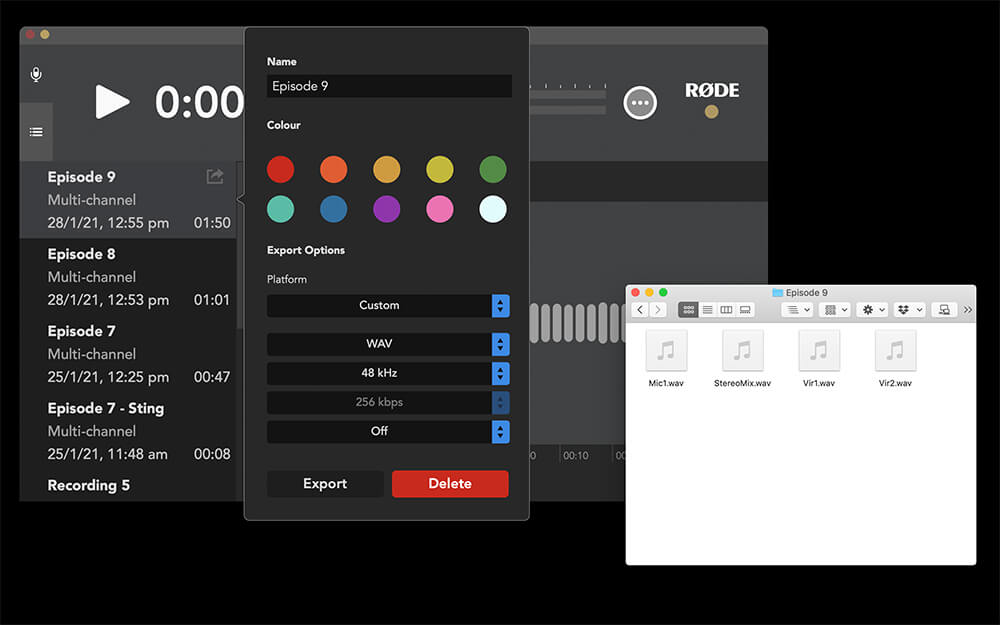 RØDE Connect export options open with a folder displaying multitrack audio files