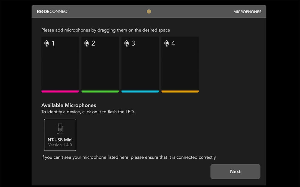 RØDE Connect microphones setup screen