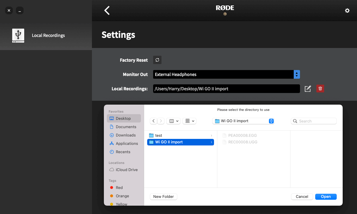 RØDE Central importing Wireless GO II files